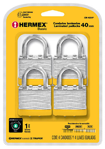 CANDADOS LAMINADOS, 40 mm, JUEGO DE 4 PZAS, S4