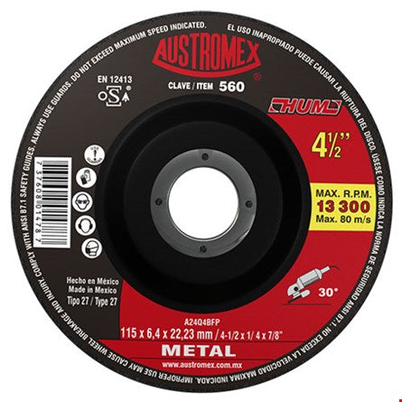 DISCO DE DESBASTE 4-1/2" X 1/4" X 7/8", TIPO 27, METAL, HUM©
