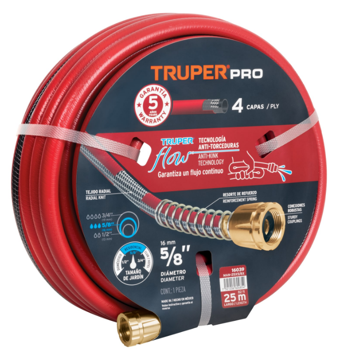 MANGUERA PARA JARDIN 5/8", 25 m, REFORZADA, 4 CAPAS, CONEX. DE LATON, "PRO"