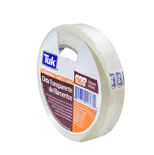 CINTA DE FILAMENTOS PARA EMPAQUE TUK, TRANSPARENTE DE 24 mm X 50 m