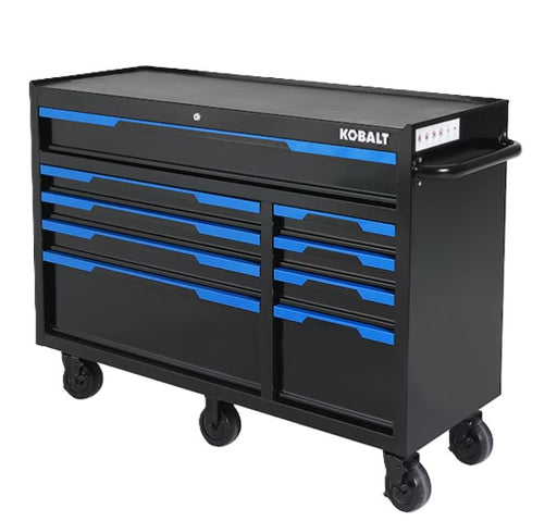Gabinete de herramientas KOBALT negro tipo baúl, 9 cajones y manija, sobre ruedas