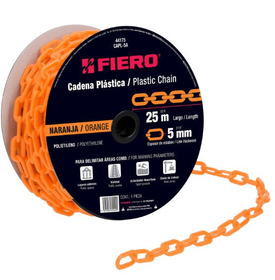 CADENA PLASTICA 5 mm NARANJA CARRETE DE 25 MTS FIERO