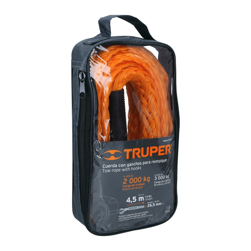 CUERDA PARA REMOLQUE CON GANCHOS 7/8' X 4.5 M TRUPER