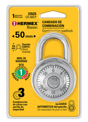 Candado de combinación HERMEX Basic de 50 mm, plateado, con dial de números