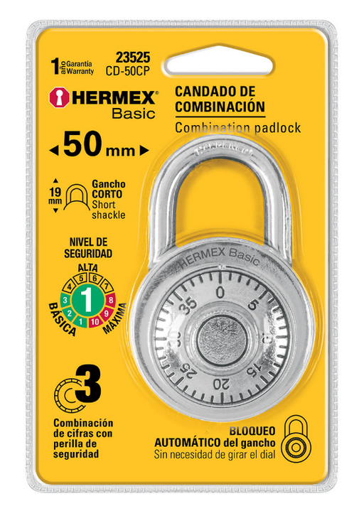 Candado de combinación HERMEX Basic de 50 mm, plateado, con dial de números