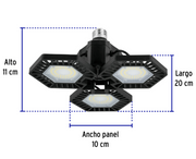 Luminaria LED VOLTECK con tres paneles abatibles; medidas: 20 cm de largo y 10 cm por panel.
