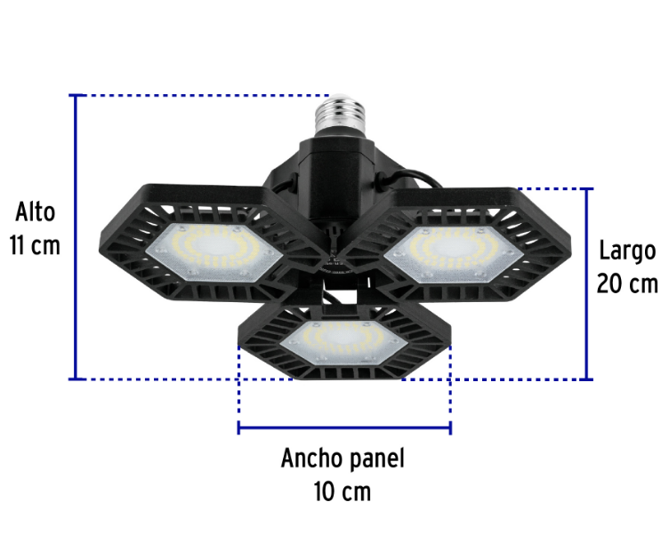 Luminaria LED VOLTECK con tres paneles abatibles; medidas: 20 cm de largo y 10 cm por panel.