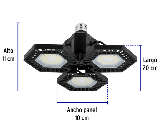 Luminaria LED VOLTECK con tres paneles abatibles; medidas: 20 cm de largo y 10 cm por panel.
