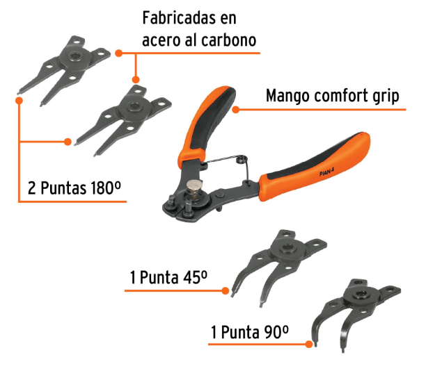 PINZA PARA ANILLOS DE RETENCION, 4 CABEZAS INTERCAMBIABLES