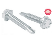 Tornillo pija con punta de broca, cabeza hexagonal y rosca, acabado plateado