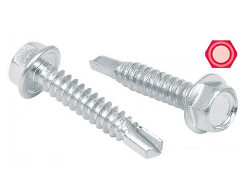 Tornillo pija con punta de broca, cabeza hexagonal y rosca, acabado plateado