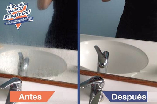 Comparativa Antes y Después en lavabo con grifo; limpia manchas y mejora el brillo.