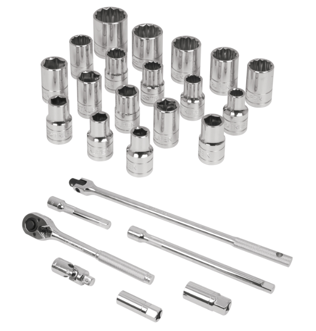 JUEGO DE AUTOCLE, CUADRO 1/2", 26 PIEZAS, Std y mm.