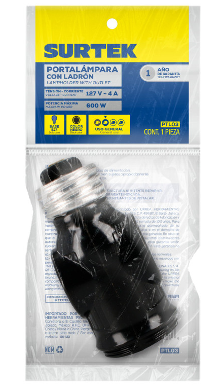 PORTALAMPARA CON LADRÓN, COLOR NEGRO, 127 V
