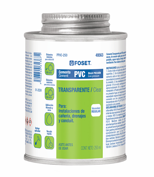 CEMENTO PARA PVC, TRANSPARENTE, BAJA PRESION, 250 ml