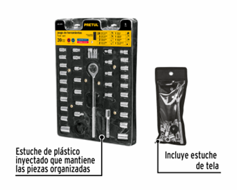 JUEGO DE DADOS 39 PZ (1/4-3/8) PRETUL INCLUYE ESTUCHE DE TELA