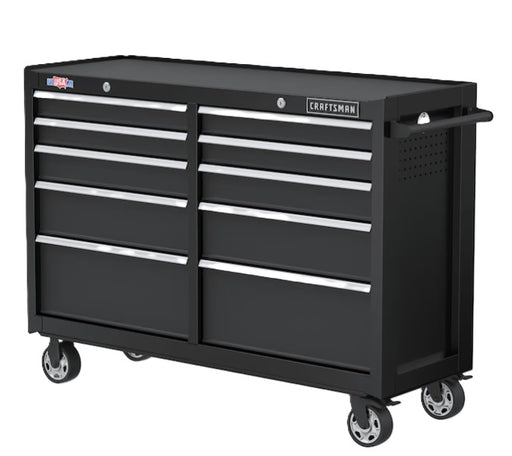 Gabinete tipo baúl negro con 10 cajones y 4 ruedas, frente con rieles