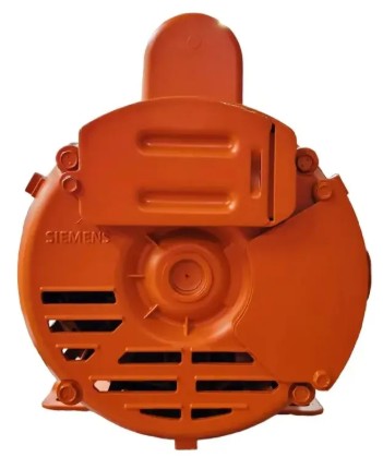 Motor eléctrico naranja con ventilación inferior y caja superior, marca Siemens