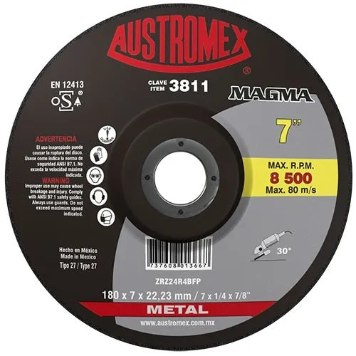DISCO DE DESBASTE 7" X 1/4" X 7/8", TIPO 27, METAL, MAGMA
