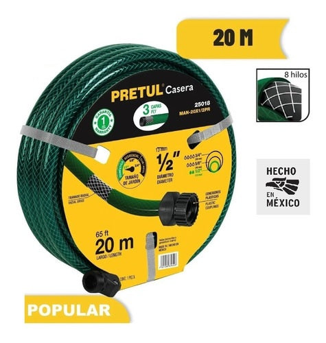 MANGUERA PARA JARDIN 1/2", 20 m, REFORZADA. 3 CAPAS, CONEX. PLASTICAS, "CASERA"