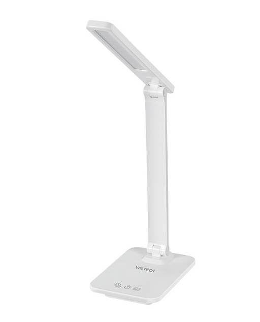 Lámpara de escritorio LED blanca Volteck, con brazo articulado y controles táctiles en la base.