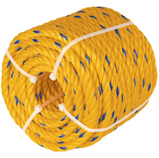 Rollo de cuerda de polipropileno amarilla con hilos azules y brida blanca