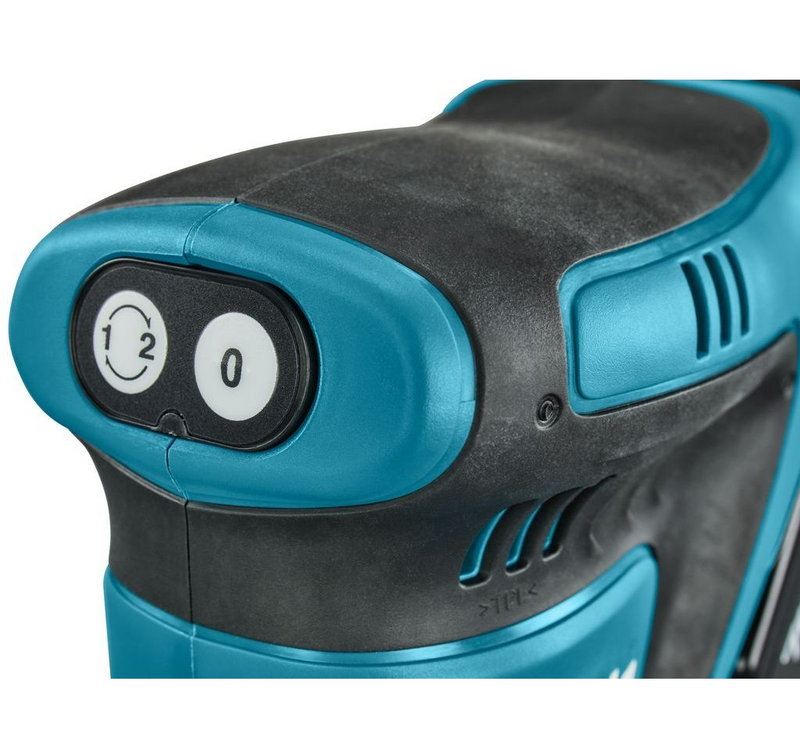 Lijadora orbital Makita con perilla 1/0 y botones de control en panel azul