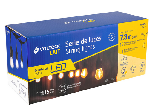 Caja de serie de luces LED para exterior con 12 bombillas, 7,3 m y cable negro
