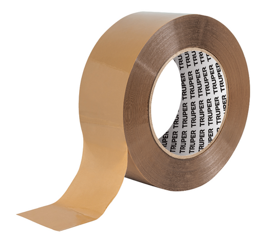 Cinta de empaque canela en rollo, ancho 48 mm, 150 m, extremo suelto.