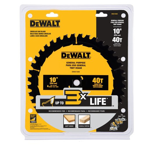 Disco de sierra circular DEWALT en empaque, 10" y 40T, uso general