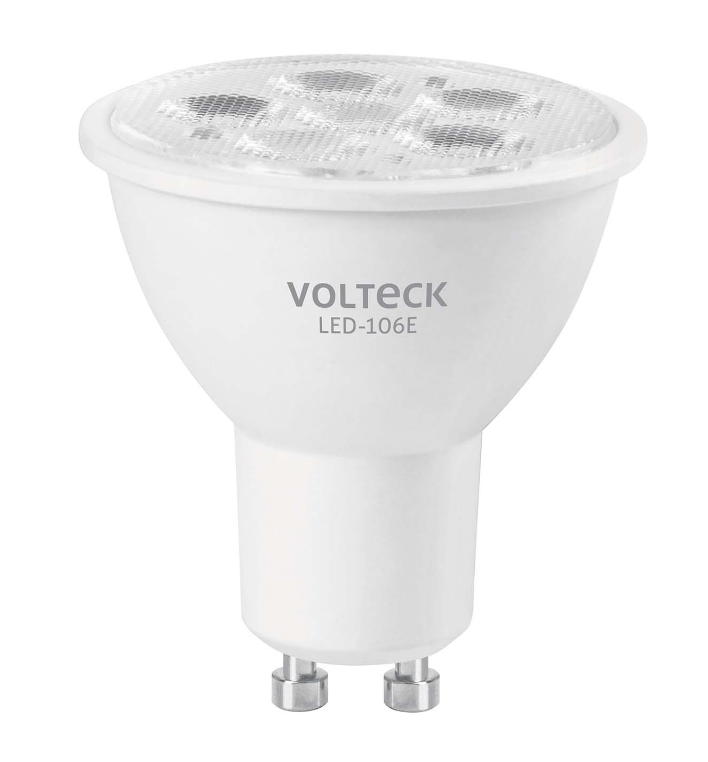 Bombilla LED tipo MR16 VOLTECK con base GU10 y carcasa blanca.