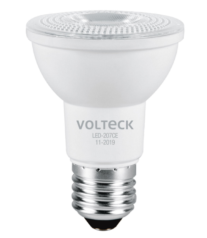 Foco LED Volteck tipo PAR20, 7 W, con cuerpo blanco y base roscada metálica.