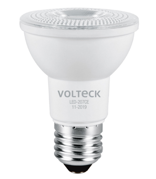 Foco LED Volteck tipo PAR20, 7 W, con cuerpo blanco y base roscada metálica.