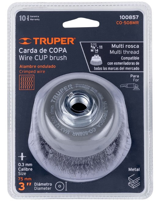 CARDA COPA DE ALAMBRE 3" ONDULADO FINO MULTI-ROSCA TRUPER