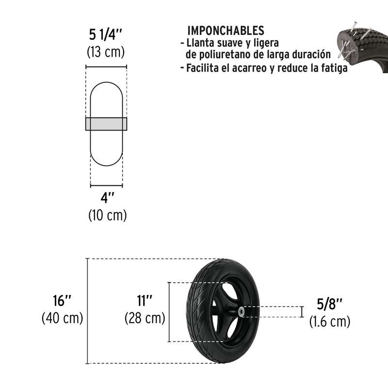 LLANTA IMPONCHABLE PARA CARRETILLA 16" X 4", COMPLETA