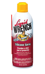 Botella de spray de silicona Liquid WRENCH, etiqueta roja y tapa amarilla.