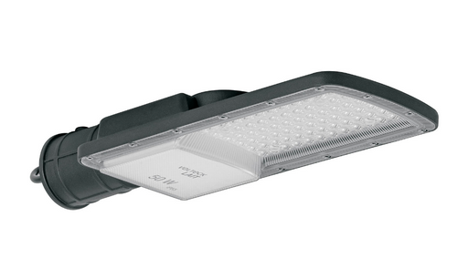 Luminario LED urbano plano Volték, carcasa negra y lente transparente rectangular