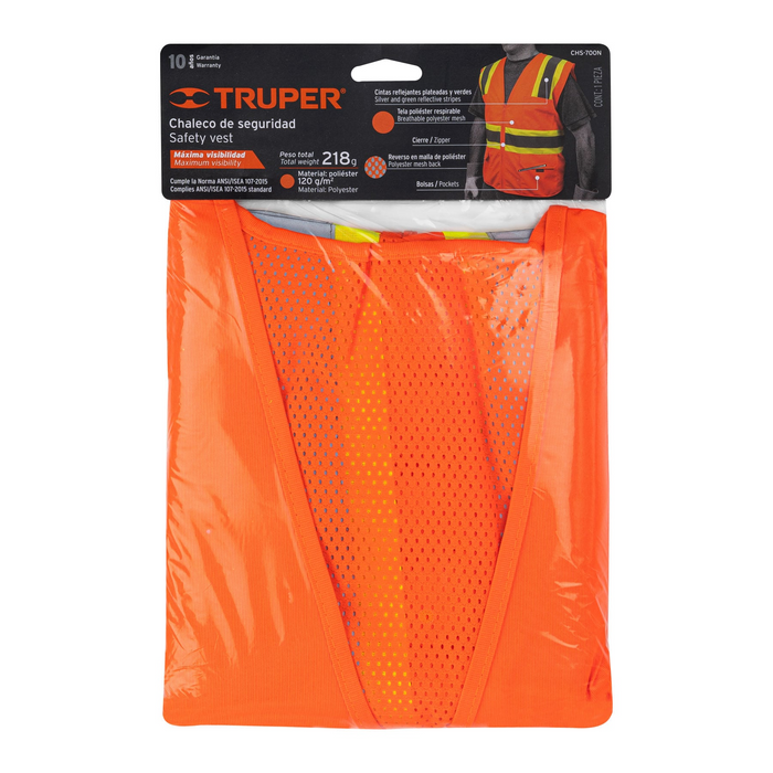 CHALECO DE SEGURIDAD CON CINTAS REFLEJANTES Y BOLSAS, NARANJA
