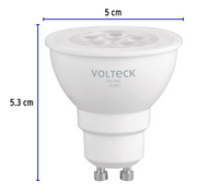 Bombilla LED tipo MR16 VOLTECK con base GU10; medidas 5 cm y 5.3 cm.