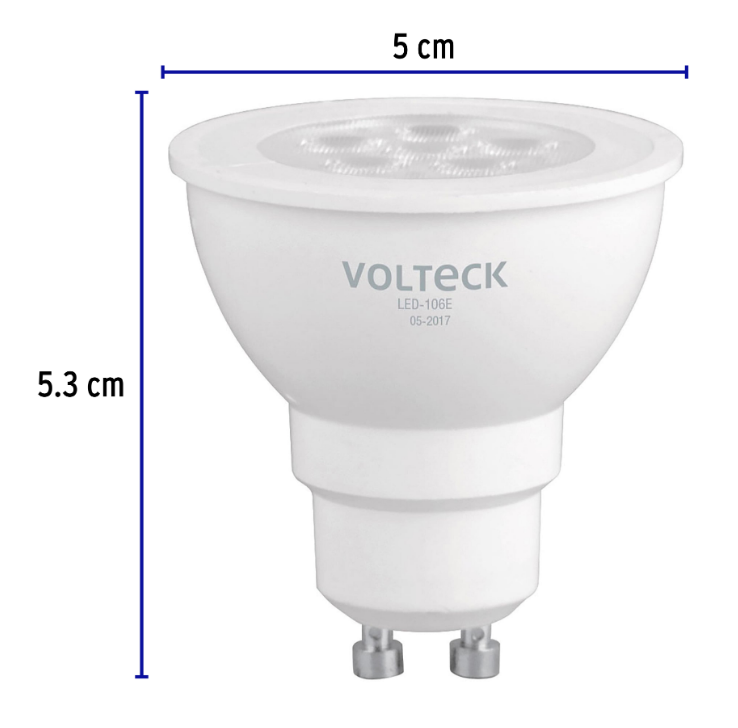 Bombilla LED tipo MR16 VOLTECK con base GU10; medidas 5 cm y 5.3 cm.
