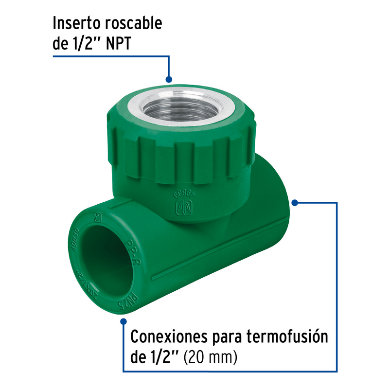 TEE DE PPR, 1/2", 20 mm, HEMBRA