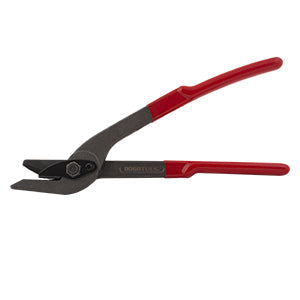 Pinza cortadora de fleje de acero con empuñaduras rojas y mordazas negras