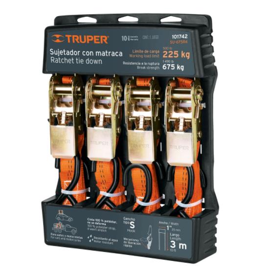 JUEGO DE 4 SUJETADORES CON MATRACA 1"X3 MTS, CARGA MAX. 675KG.