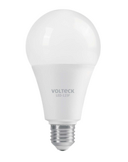 Bombilla LED Volteck de 18 W, forma de bulbo, cuerpo blanco y base roscada metálica.