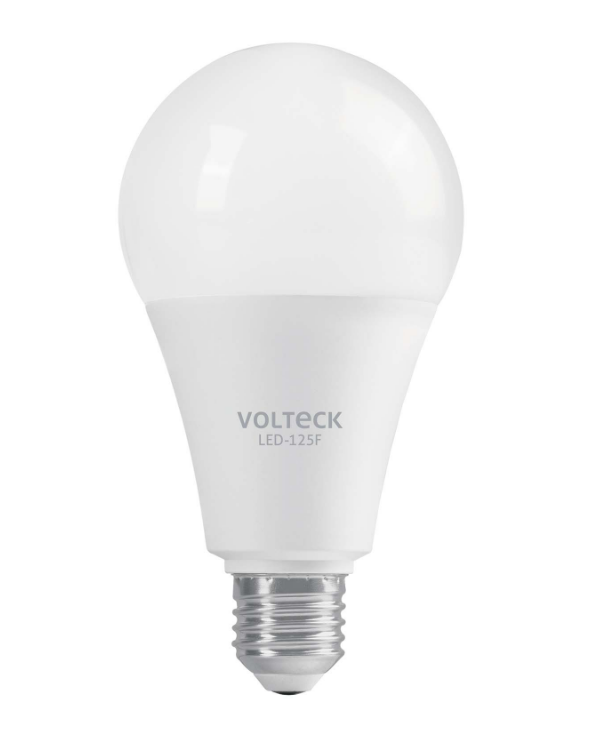 Bombilla LED Volteck de 18 W, forma de bulbo, cuerpo blanco y base roscada metálica.