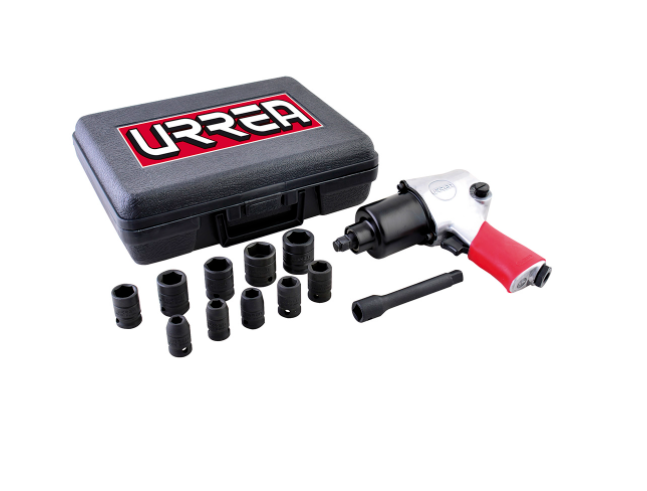 PISTOLA DE IMPACTO NEUMATICA DE 1/2", URREA, C/JUEGO DE DADOS STD Y EXTENSION, 13 PZS 31K