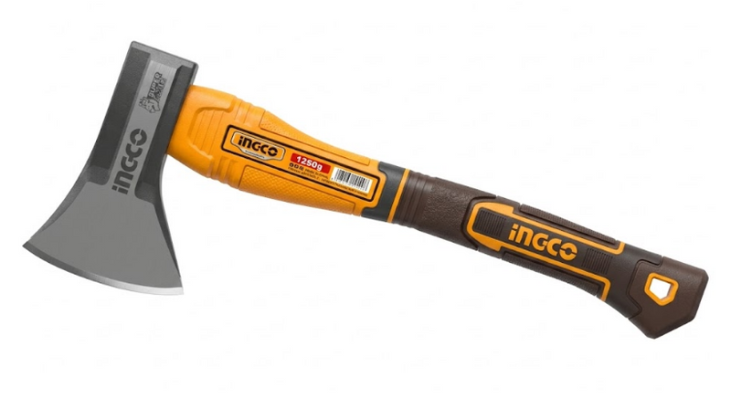 Hacha cazadora INGCO con mango naranja de fibra de vidrio y protector antideslizante