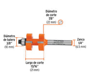 Fresa machimbradora 7/8" con balero TRUPER, diagrama con medidas de corte