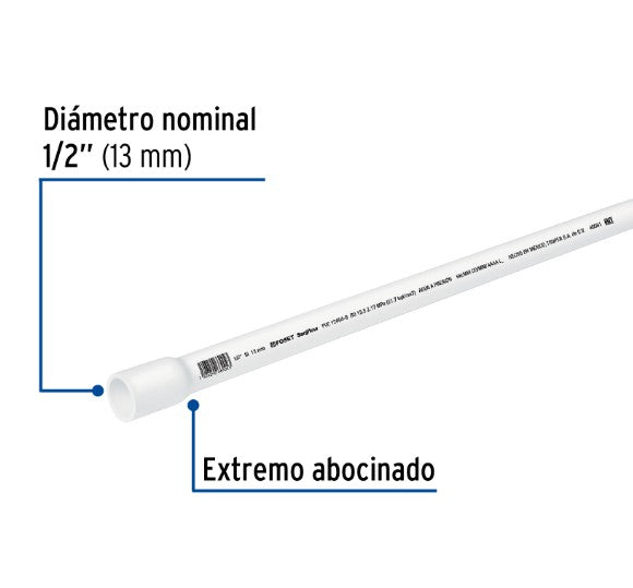TUBO HIDRAULICO DE PVC, 3M, 1/2", RD 21
