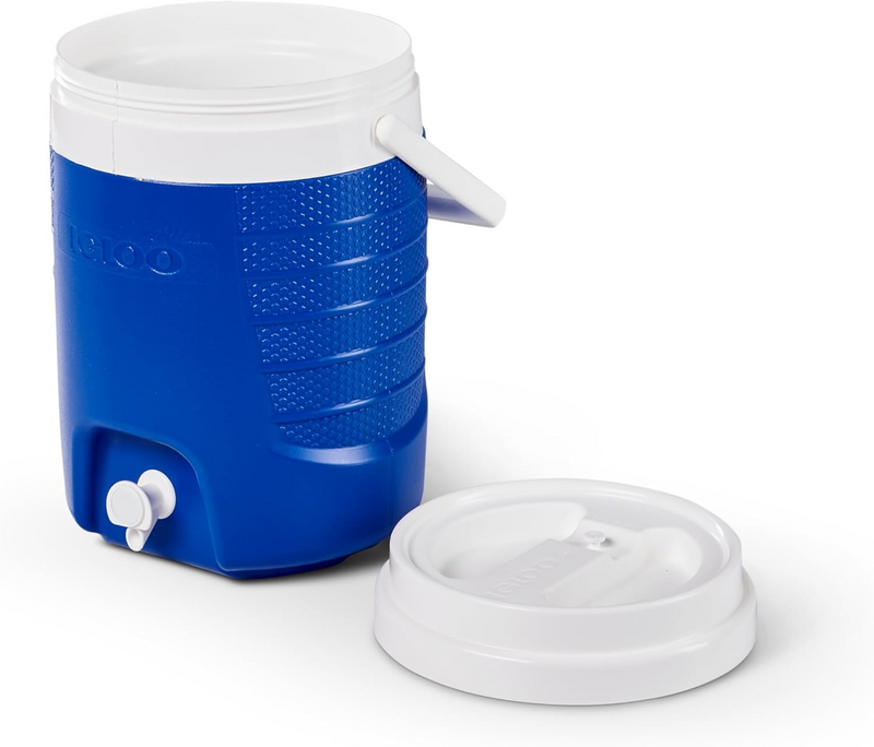 Termo IGLOO azul con asa, válvula lateral y tapa abierta blanca
